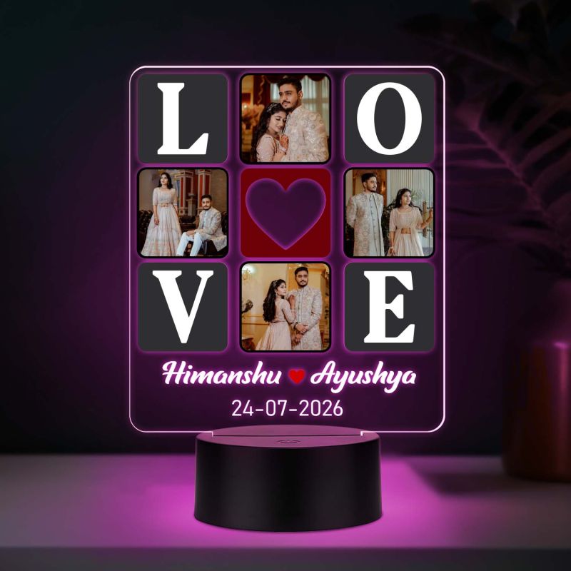 Personalized Love 3D LED Night Light Custom 4 Photos Collage Lamp with Names & Date, Romantic Love Light for Couples, Anniversary or Engagement Gift for Husband & Wife (Multi)